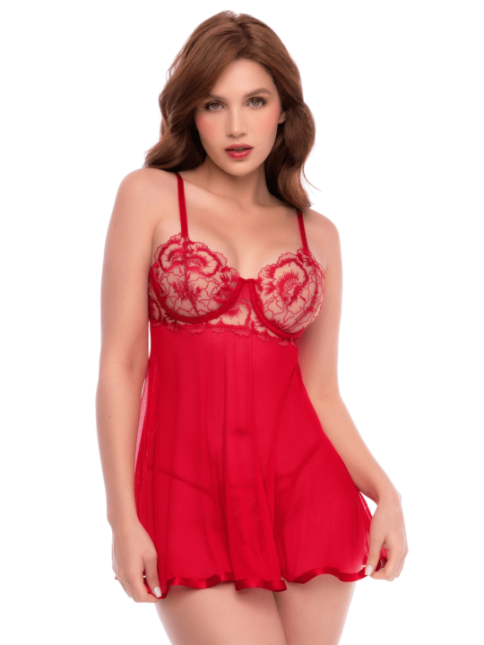 Nuisette transparente rouge rubis avec bonnets brodés à armatures et string - Mapalé