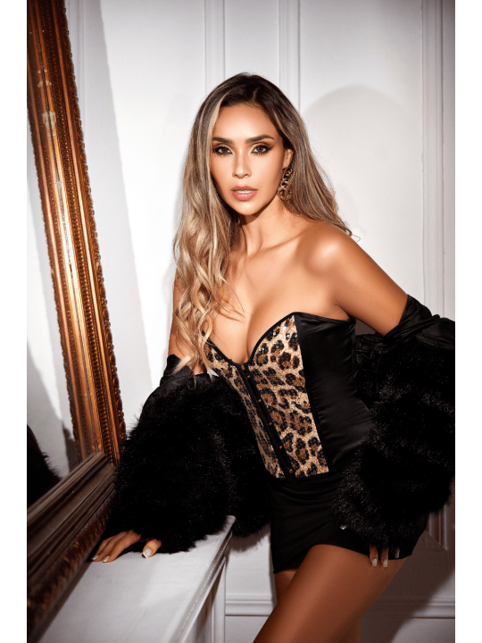 Corset bustier noir imprimé animalier à sequins avec laçage dos - Mapalé