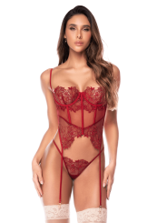 Ensemble 2 pièces avec bustier en dentelle brodée bois de rose, jarretelles et string - Mapalé