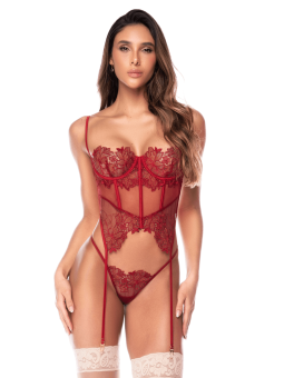Ensemble 2 pièces avec bustier en dentelle brodée bois de rose, jarretelles et string - Mapalé