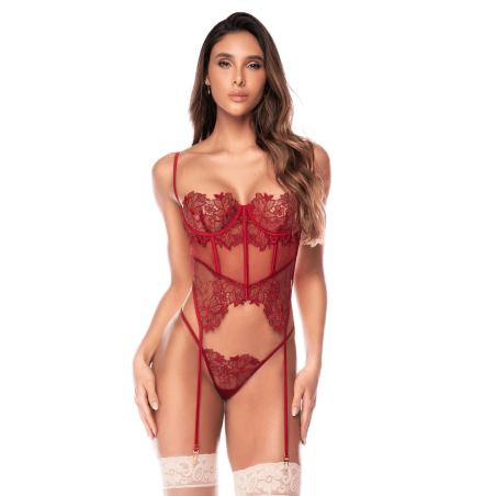 Ensemble 2 pièces avec bustier en dentelle brodée bois de rose, jarretelles et string - Mapalé