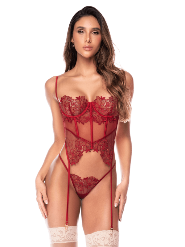 Ensemble 2 pièces avec bustier en dentelle brodée bois de rose, jarretelles et string - Mapalé