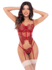 Ensemble 2 pièces avec bustier en dentelle brodée bois de rose, jarretelles et string - Mapalé
