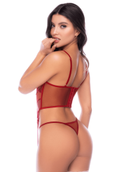 Ensemble 2 pièces avec bustier en dentelle brodée bois de rose, jarretelles et string - Mapalé