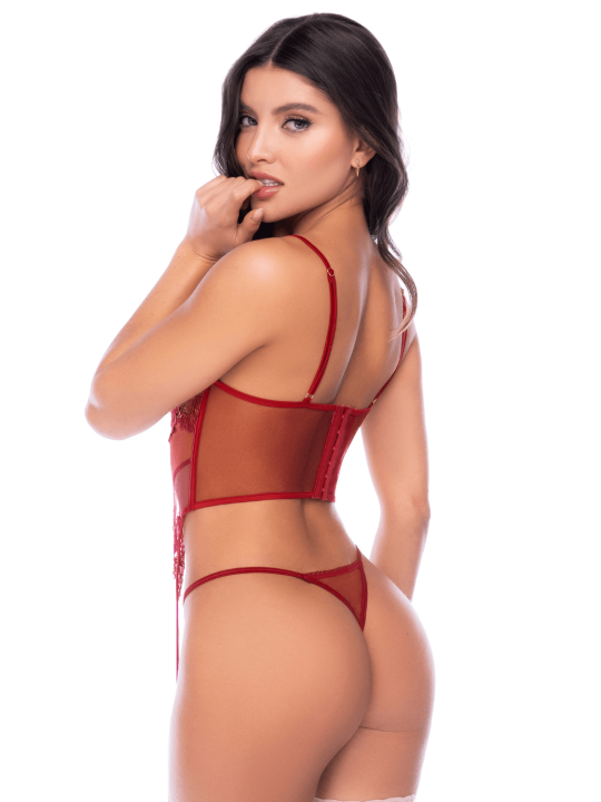 Ensemble 2 pièces avec bustier en dentelle brodée bois de rose, jarretelles et string - Mapalé