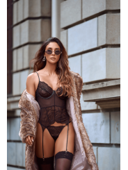 Ensemble 2 pièces avec bustier transparent à armatures et jarretelles noir - Mapalé