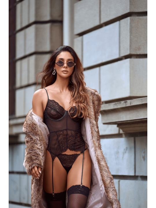 Ensemble 2 pièces avec bustier transparent à armatures et jarretelles noir - Mapalé