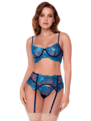 Ensemble 3 pièces bleu nuit brodé avec porte-jarretelles et string - Mapalé