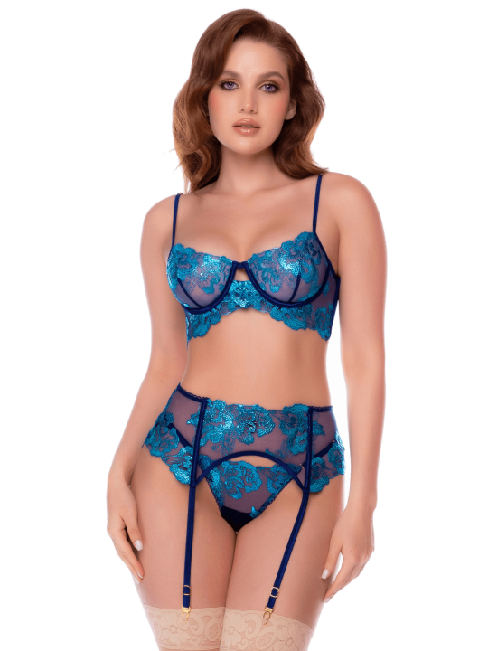 Ensemble 3 pièces bleu nuit brodé avec porte-jarretelles et string - Mapalé