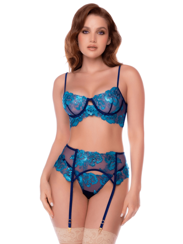Ensemble 3 pièces bleu nuit brodé avec porte-jarretelles et string - Mapalé