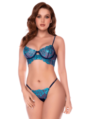 Ensemble 3 pièces bleu nuit brodé avec porte-jarretelles et string - Mapalé