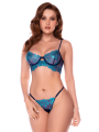 Ensemble 3 pièces bleu nuit brodé avec porte-jarretelles et string - Mapalé