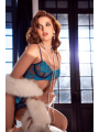 Ensemble 3 pièces bleu nuit brodé avec porte-jarretelles et string - Mapalé