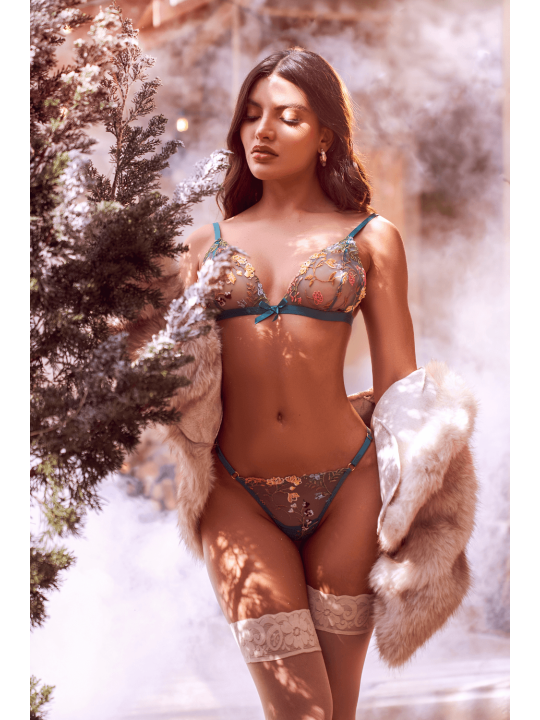 Ensemble 2 pièces vert aurore avec soutien-gorge brodé transparent et string - Mapalé