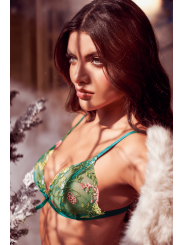 Ensemble 2 pièces vert aurore avec soutien-gorge brodé transparent et string - Mapalé