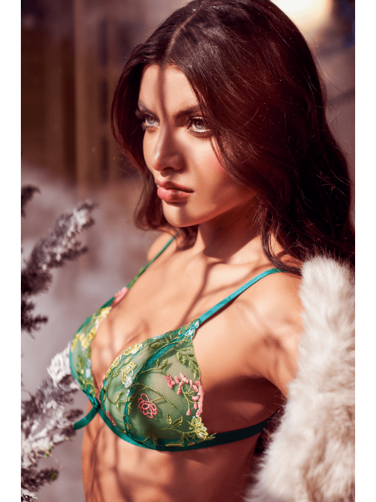 Ensemble 2 pièces vert aurore avec soutien-gorge brodé transparent et string - Mapalé