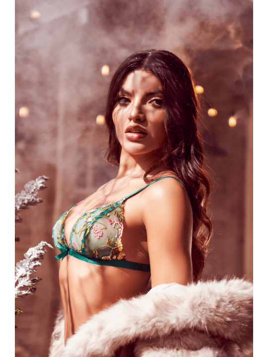 Ensemble 2 pièces vert aurore avec soutien-gorge brodé transparent et string - Mapalé