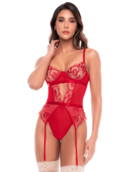 Body rouge rubis en dentelle brodée à armatures et jarretelles - Mapalé