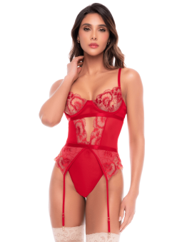 Body rouge rubis en dentelle brodée à armatures et jarretelles - Mapalé
