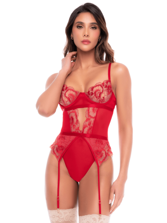 Body rouge rubis en dentelle brodée à armatures et jarretelles - Mapalé