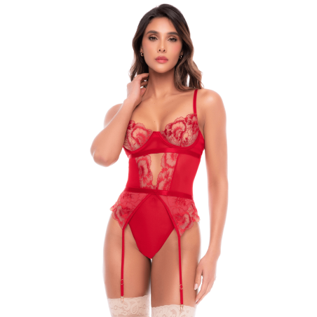 Body rouge rubis en dentelle brodée à armatures et jarretelles - Mapalé