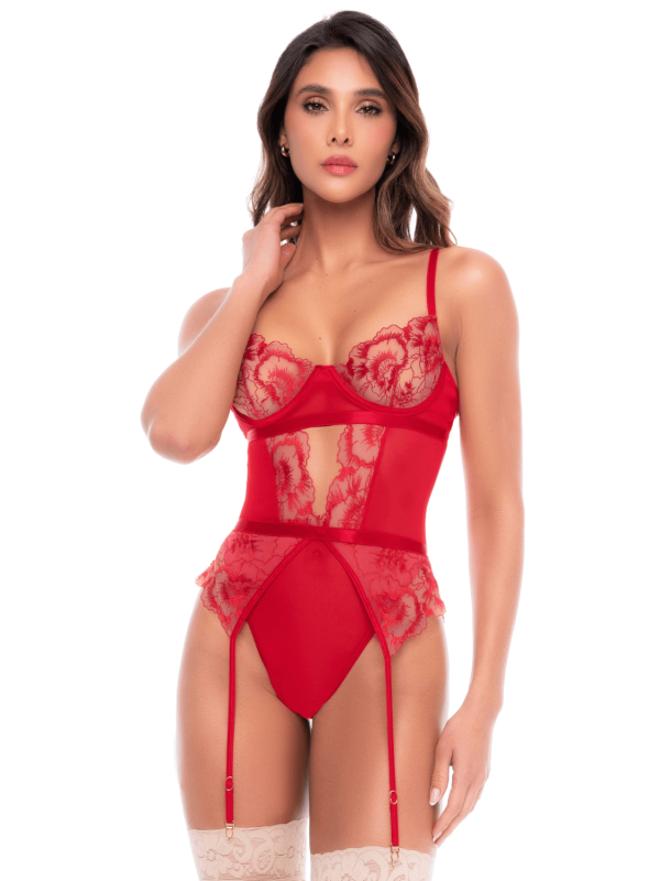 Body rouge rubis en dentelle brodée à armatures et jarretelles - Mapalé