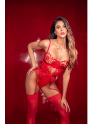 Body rouge rubis en dentelle brodée à armatures et jarretelles - Mapalé
