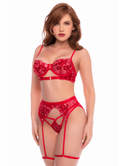 Ensemble 3 pièces rouge écarlate avec soutien-gorge brodé de sequins, porte-jarretelles et string - Mapalé
