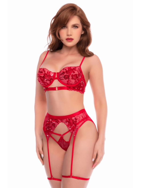Ensemble 3 pièces rouge écarlate avec soutien-gorge brodé de sequins, porte-jarretelles et string - Mapalé