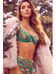 Ensemble 3 pièces vert aurore avec soutien-gorge brodé, porte-jarretelles et string - Mapalé