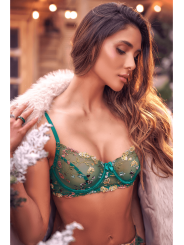 Ensemble 3 pièces vert aurore avec soutien-gorge brodé, porte-jarretelles et string - Mapalé