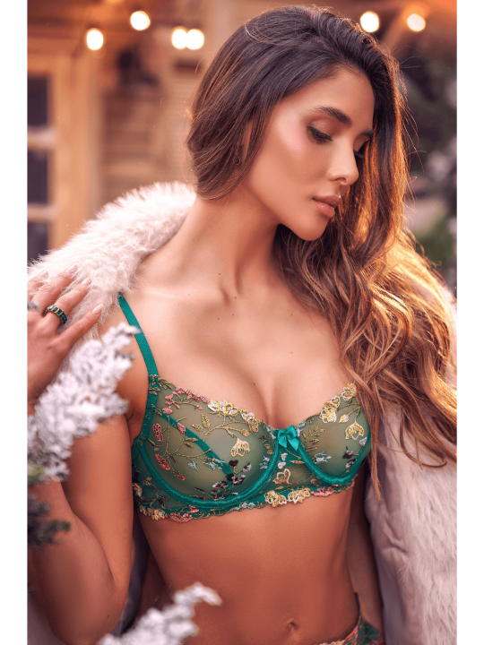 Ensemble 3 pièces vert aurore avec soutien-gorge brodé, porte-jarretelles et string - Mapalé