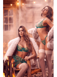 Ensemble 3 pièces vert aurore avec soutien-gorge brodé, porte-jarretelles et string - Mapalé